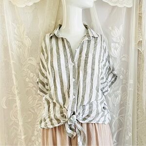 beachlunchlounge Coastal Beach Day Green and White Striped Button-Down Shirt